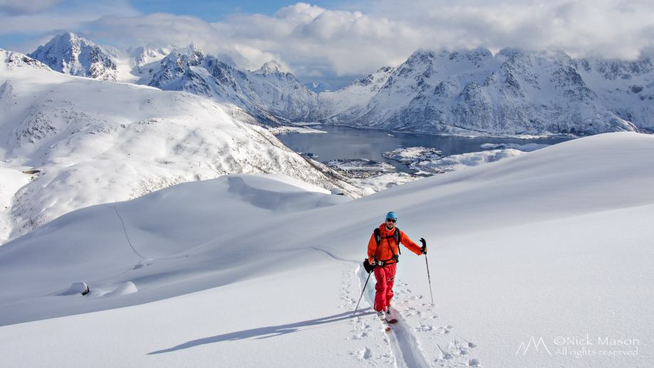 05 Ian Scorah ascending Torskmannen peak above Austnesfjorden, Austvågøya Island